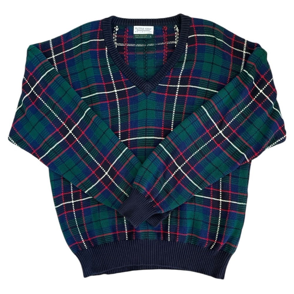 Tuttle Golf Collection Men’s Vintage Tartan Plaid V-Neck Sweater Size Large